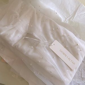 Custom cathedral length wedding veil with pearls and blusher